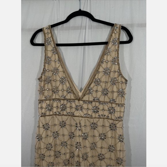 NWT $598 Mac Duggal [ 10 ] Sleeveless Beaded Floral V Neck Gown Nude Silver Q611 - Picture 13 of 16